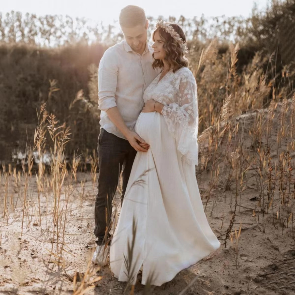 Boho Maternity Gown - Split Front - Long Sleeve - Maxi
