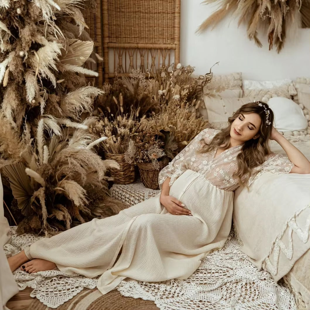 Boho Maternity Gown - Split Front - Long Sleeve - Maxi