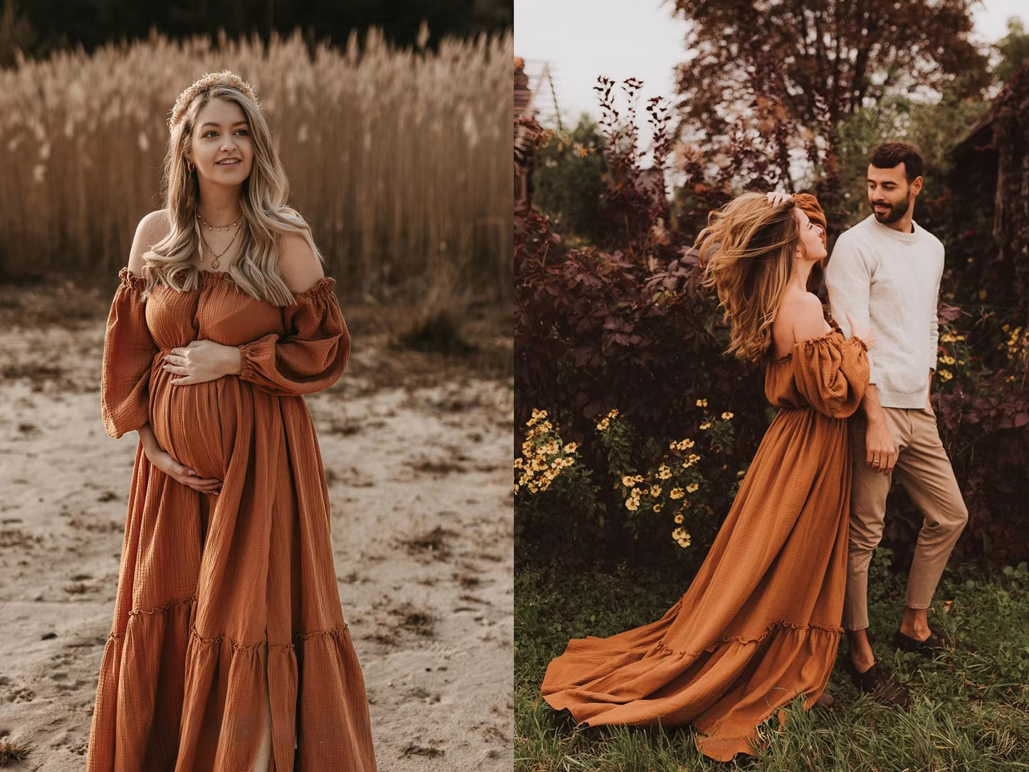 Boho Rust Maxi Maternity Dress - Off The Shoulder
