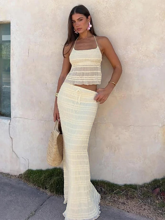 Two Piece Set - Halterneck Top Maxi Skirt