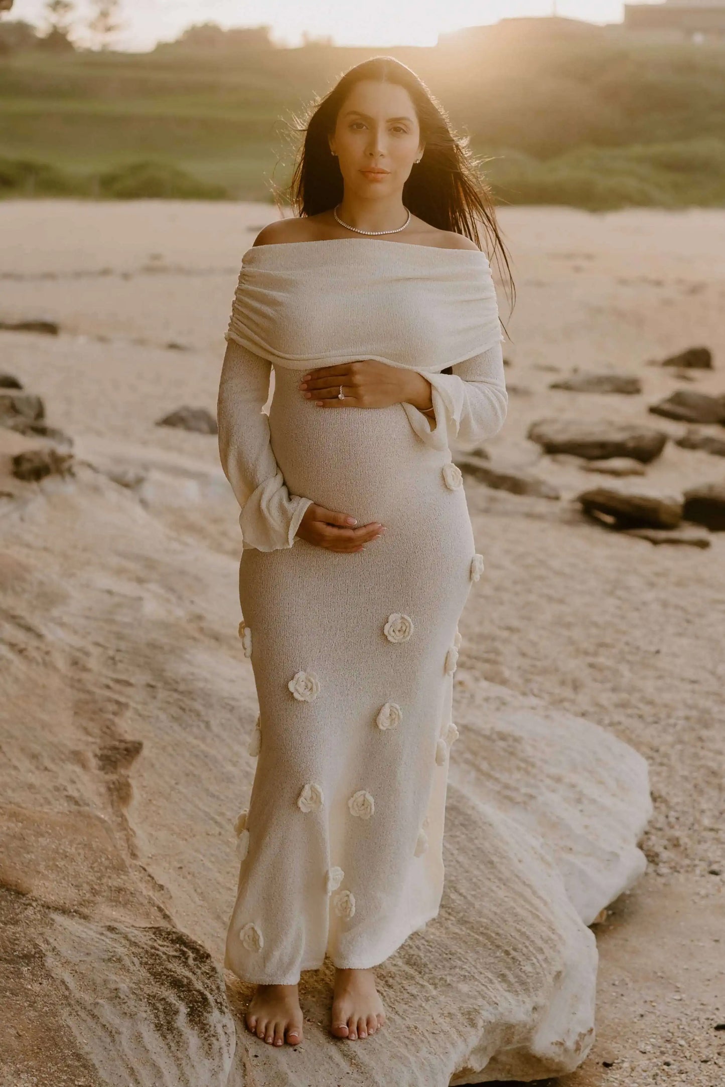 Off The Shoulder Flower Maxi Dress - Winter Dress