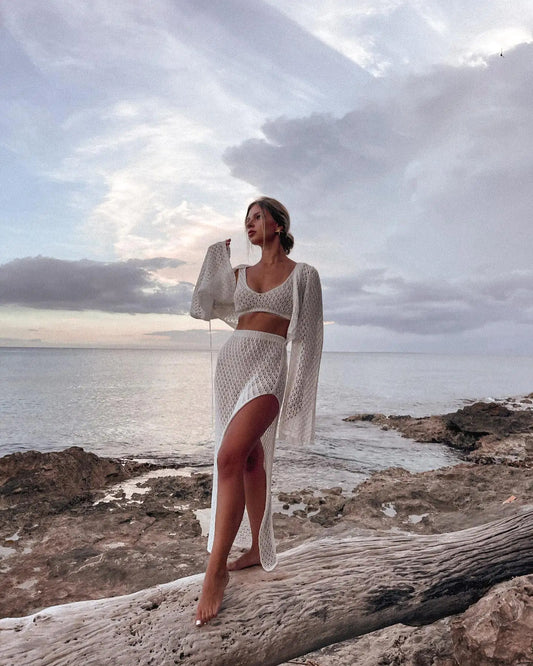 White Two Piece Set - Skirt With Split - Bat Sleeves