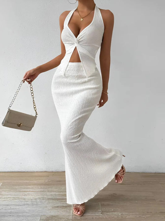 Two Piece Set - Skirt and Top - V Neck Top