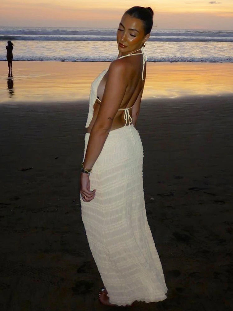 Two Piece Set - Halterneck Top Maxi Skirt