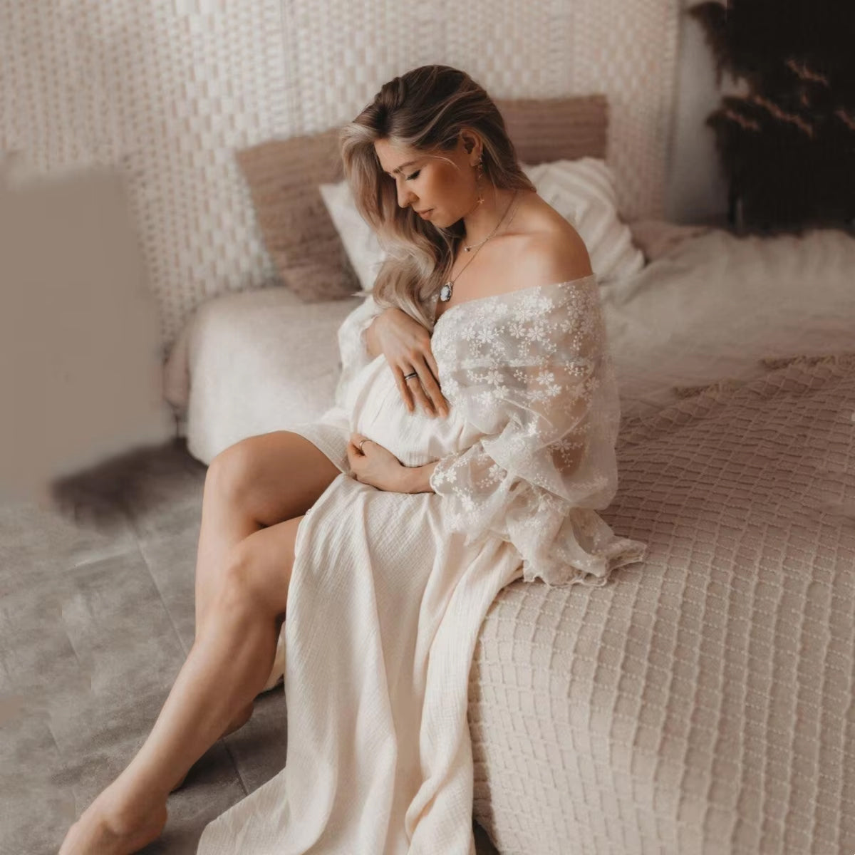 Boho Maternity Gown - Split Front - Long Sleeve - Maxi