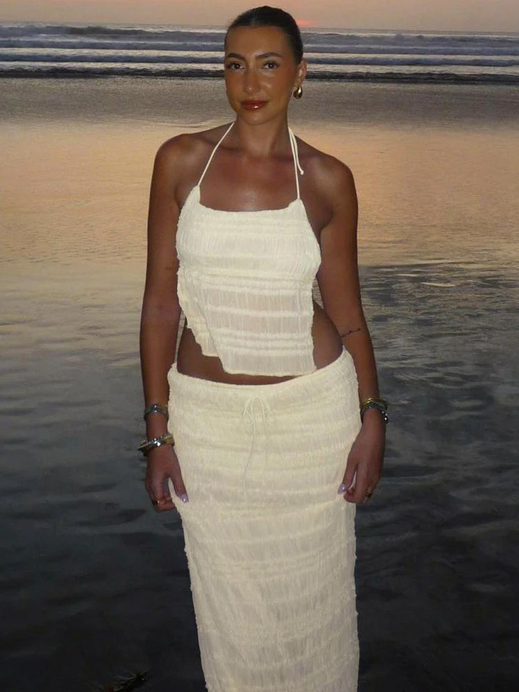 Two Piece Set - Halterneck Top Maxi Skirt