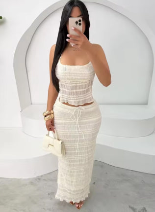 Two Piece Set - Halterneck Top Maxi Skirt