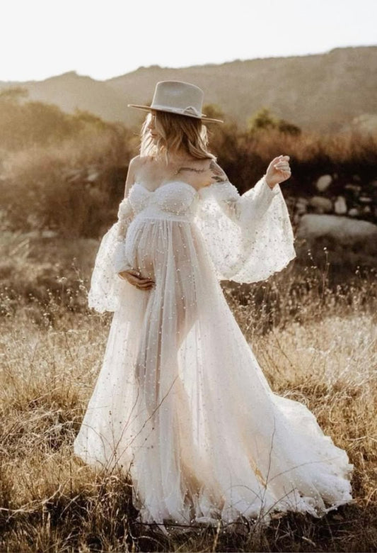 Best Seller - Women's Maternity Pearl Dress - Long Sleeve - Off The Shoulder