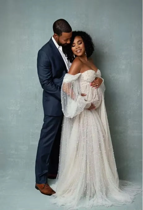 Best Seller - Women's Maternity Pearl Dress - Long Sleeve - Off The Shoulder