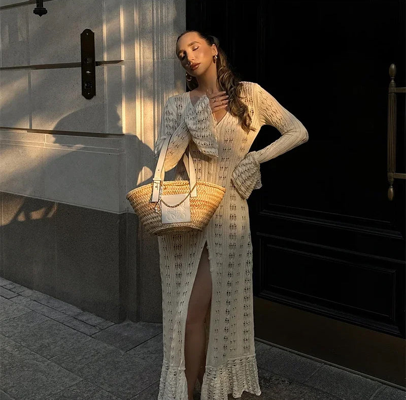 Beige Maxi Dress / Robe - Long Sleeves