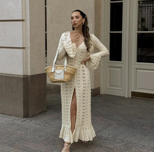 Beige Maxi Dress / Robe - Long Sleeves