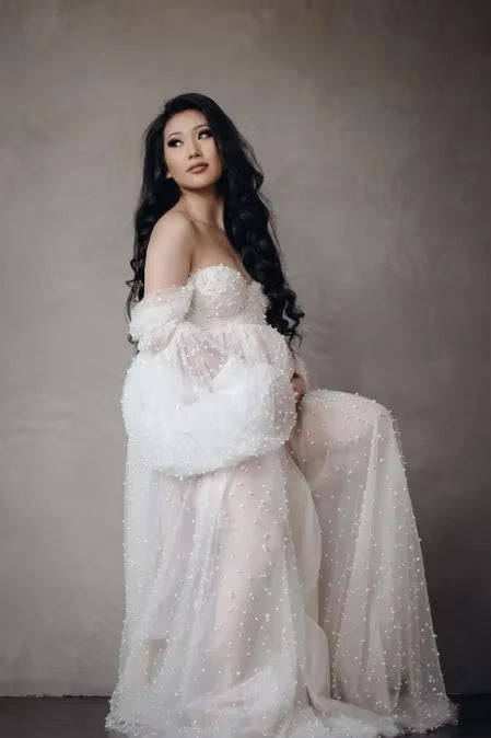 Best Seller - Women's Maternity Pearl Dress - Long Sleeve - Off The Shoulder