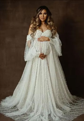 Best Seller - Women's Maternity Pearl Dress - Long Sleeve - Off The Shoulder