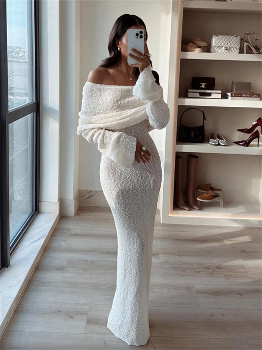 White Knitted Off The Shoulder Dress