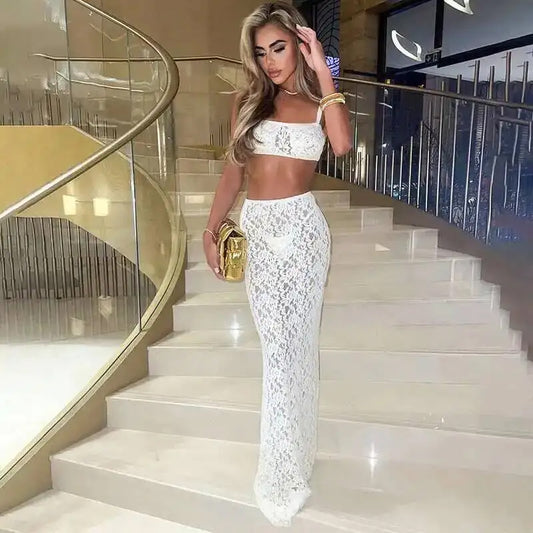 White Two Piece Set - See Through - Maxi Skirt